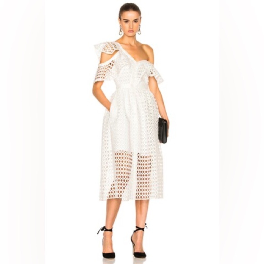 self-portrait Lace Frill Asymmetric Cold shoulder Midi Dress uk size 6 and US 2 - Picture 3 of 7